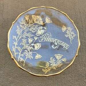 Vintage 50th Anniversary Gold Floral Glass Plate 7.5” Scalloped Rim